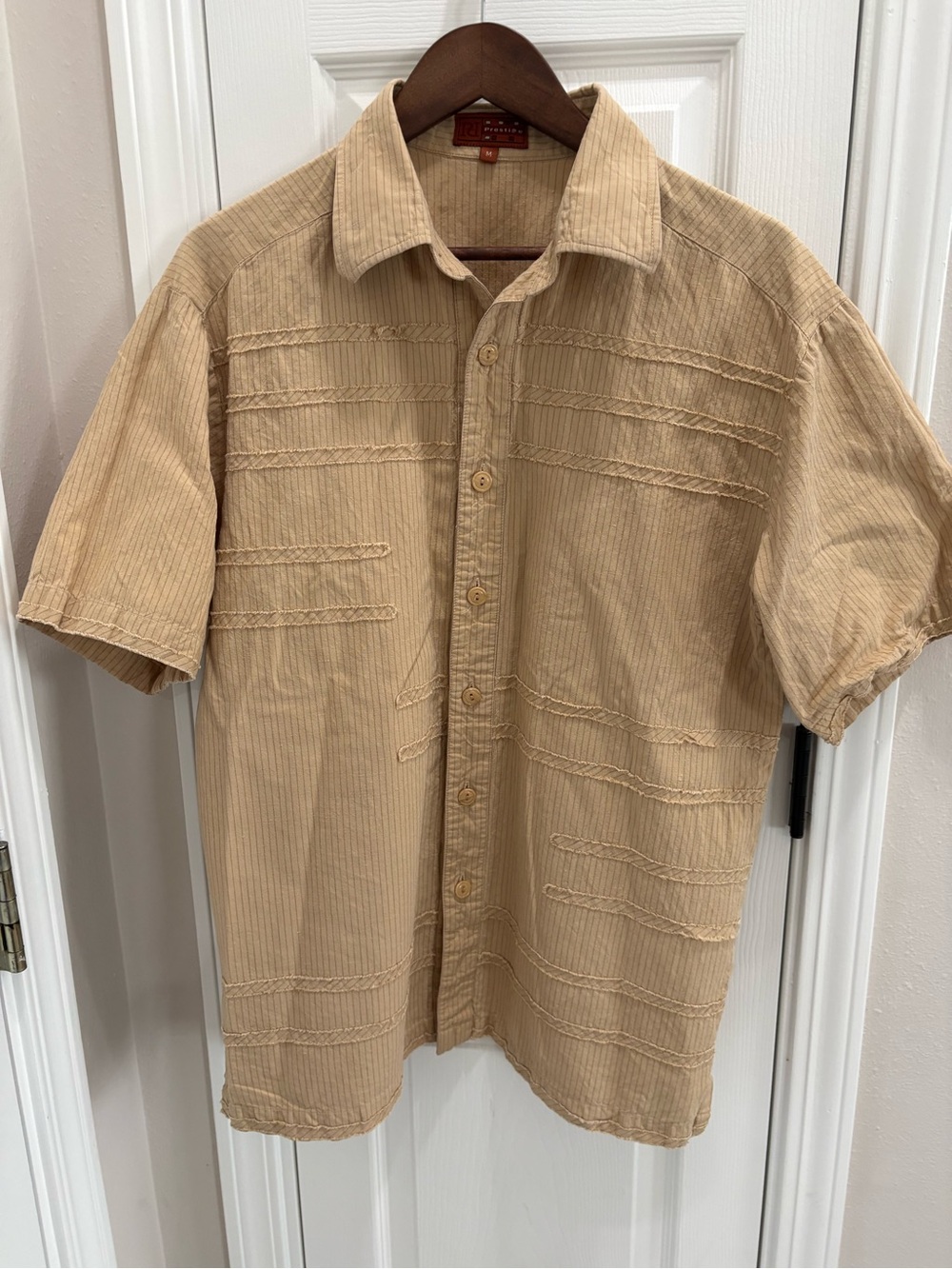 Men's Short Sleeve Beige Linen Button-Up Shirt